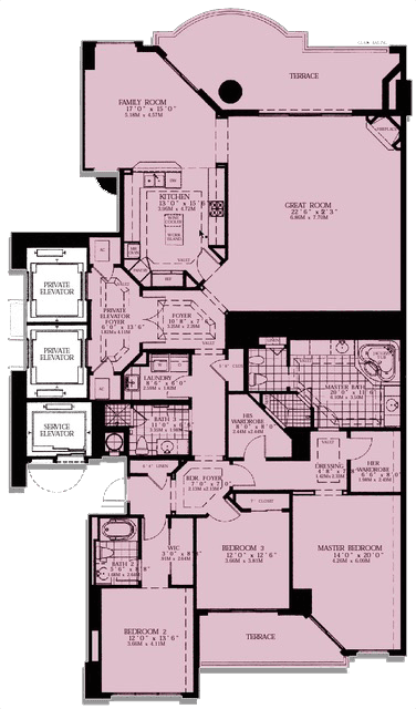 Turnberry Place Floor Plan E - 3 bedroom 3,200 - 3,500 sq ft